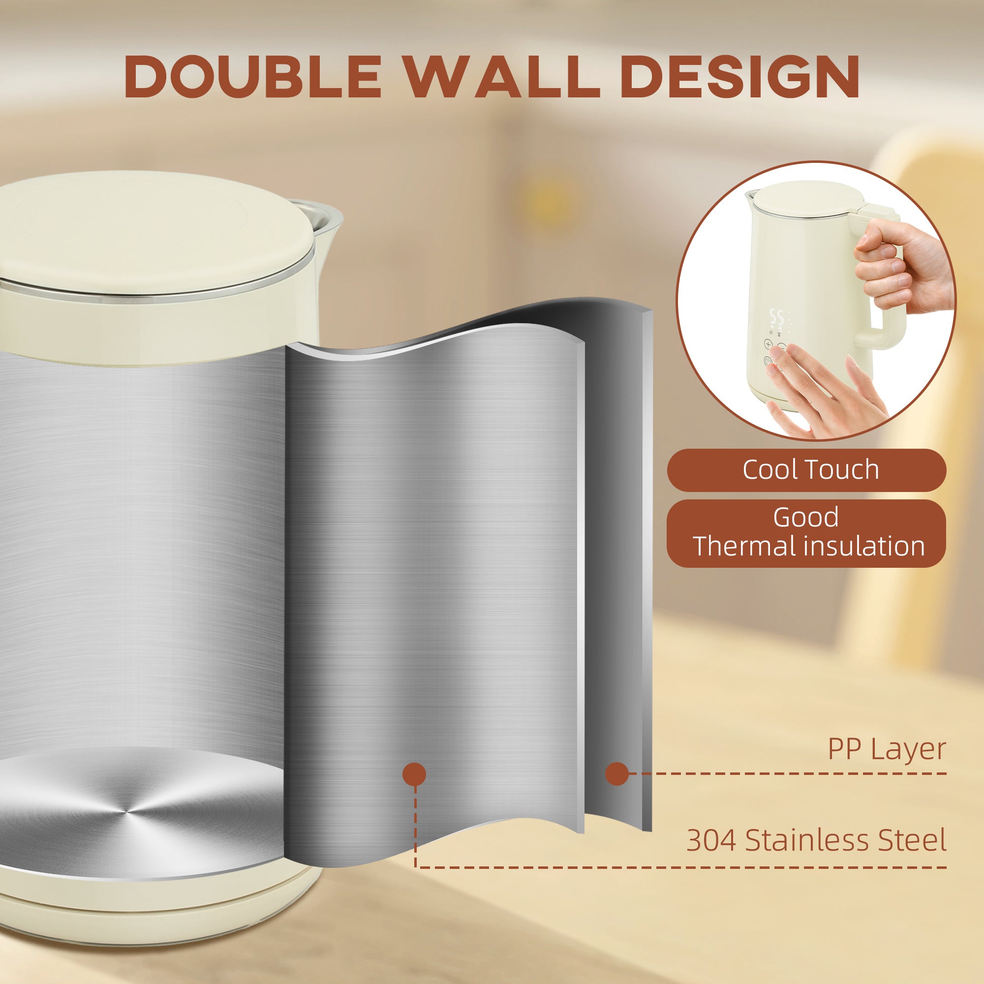 Digital Stainless Steel Kettle and Toaster Set, 1.5L 3000W Fast Boil Kettle, 2 Slice Toaster with 7 Level Browning Controls, Defrost, Reheat, Keep Warm, Crumb Tray and LED Touch Display, Beige