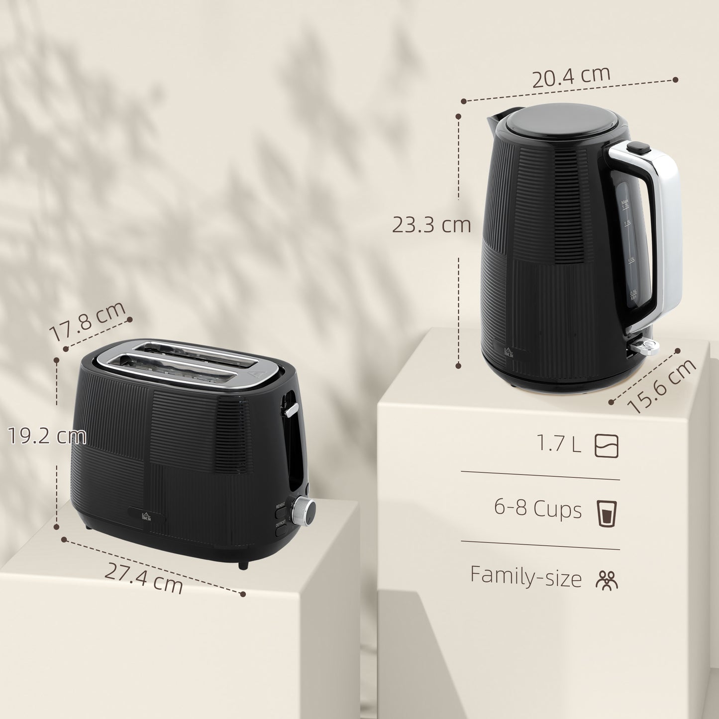 Kettle and Toaster Set, 1.7L 3000W Fast Boil Kettle & 2 Slice Toaster Kitchen Set with 7 Level Browning Controls, Defrost, Reheat, Boil-dry Protection, Black