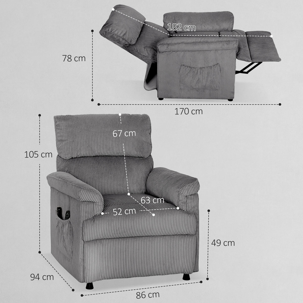 Corduroy Electric Massage Recliner - Grey