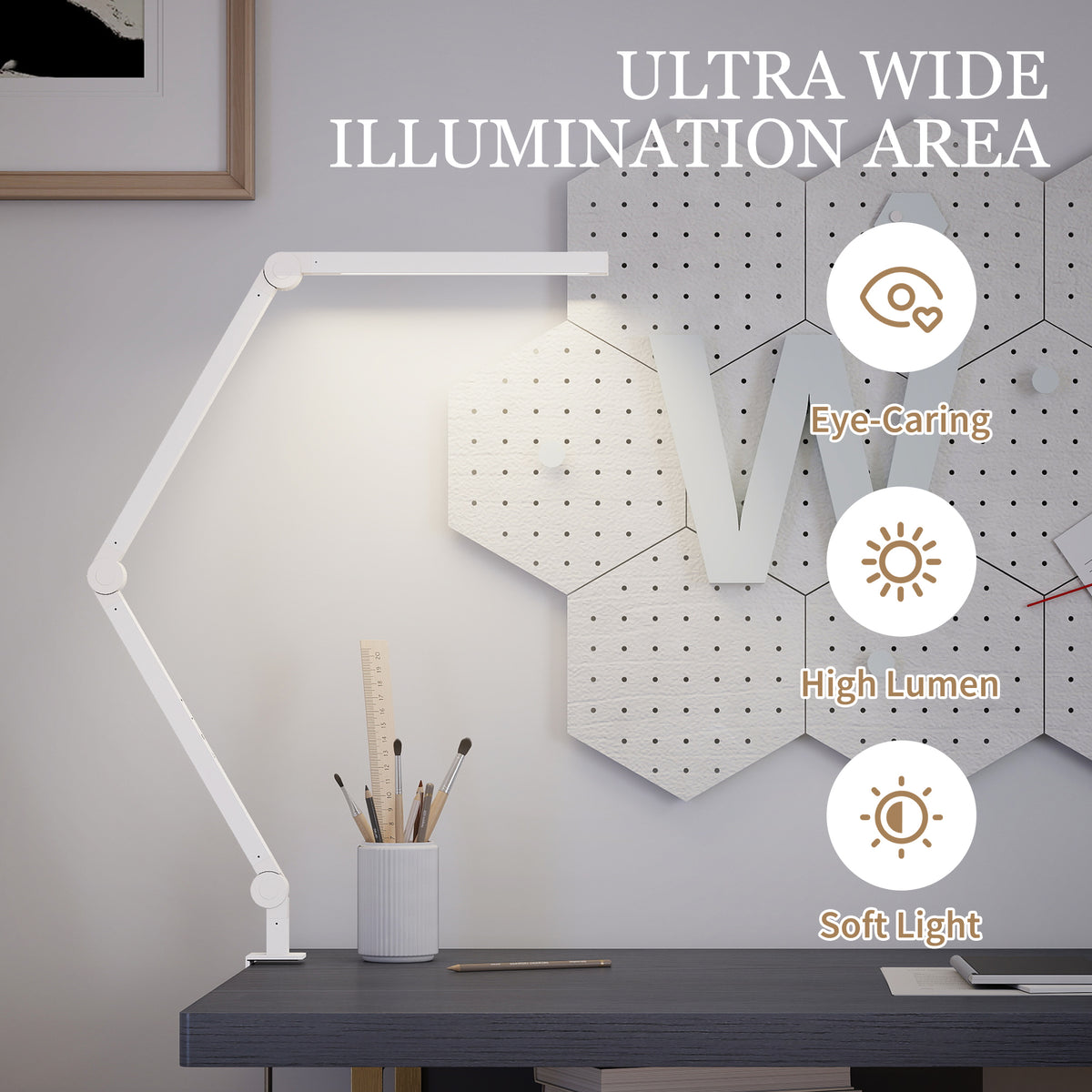 LED Desk Lamp, Dimmable Desk Light with Swing Arm and Clamp, Adjustable Eye-Caring Table Lamp with 2 Colour Modes & 5 Brightness Levels for Study, Drawing, Office, Architect, Task, White