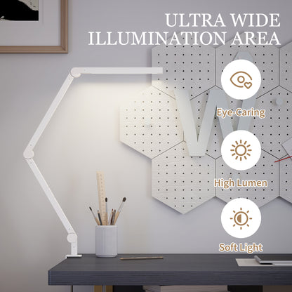 LED Desk Lamp, Dimmable Desk Light with Swing Arm and Clamp, Adjustable Eye-Caring Table Lamp with 2 Colour Modes & 5 Brightness Levels for Study, Drawing, Office, Architect, Task, White