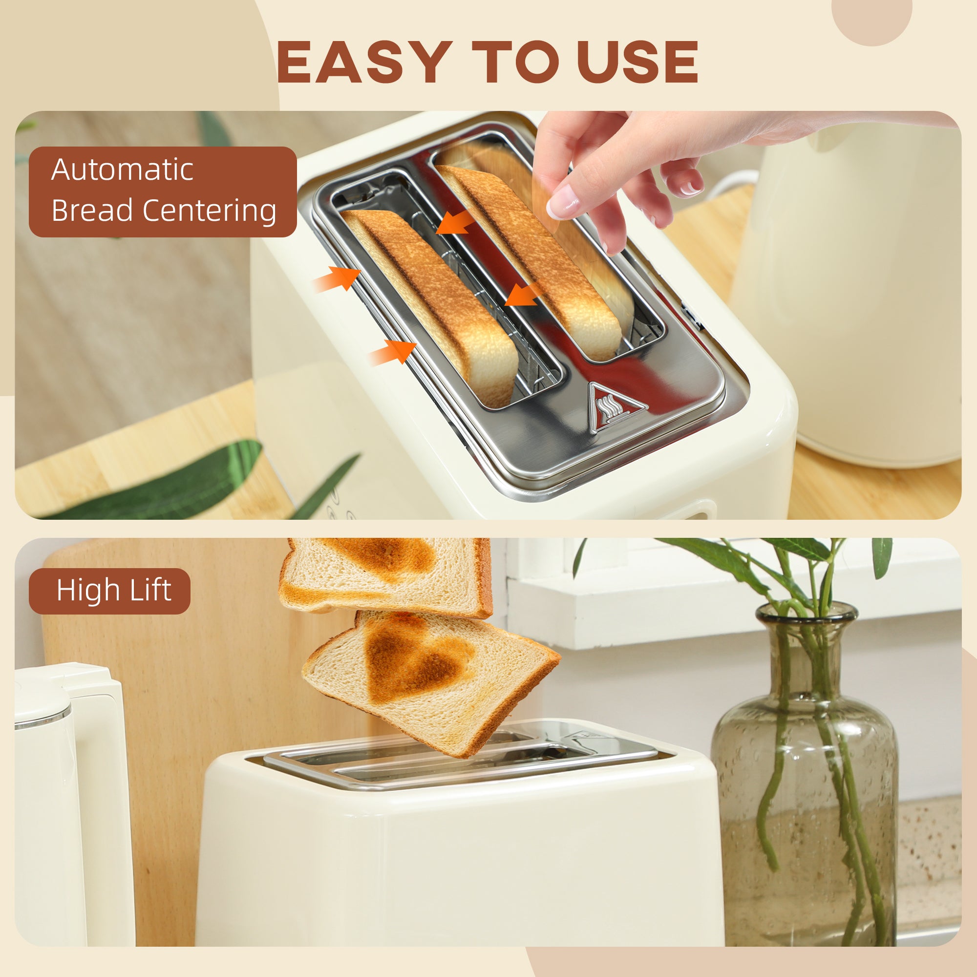 Digital Stainless Steel Kettle and Toaster Set, 1.5L 3000W Fast Boil Kettle, 2 Slice Toaster with 7 Level Browning Controls, Defrost, Reheat, Keep Warm, Crumb Tray and LED Touch Display, Beige