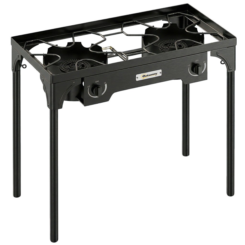 Outsunny Double Burner Camping Stove, 150,000 BTU High Pressure Camping Gas Stove with Detachable Legs, Black