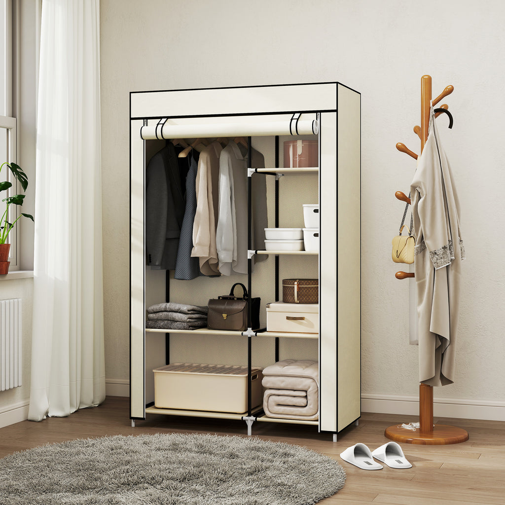 Fabric Wardrobe w/ Shelves Hanging Rail Foldable Wardrobe Cream
