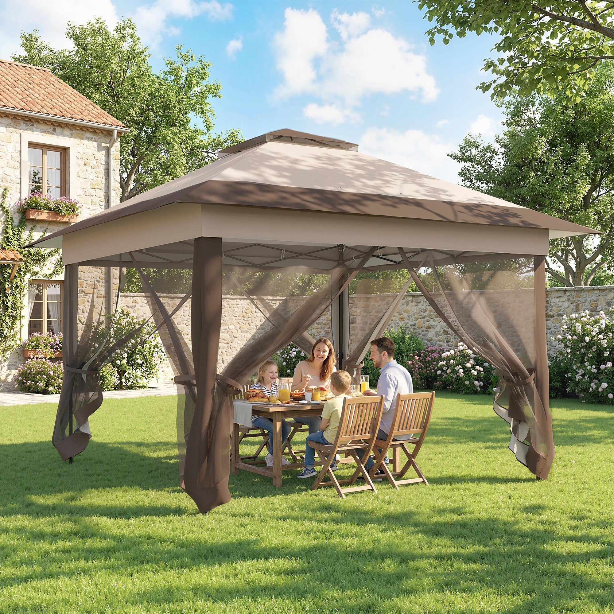 Outsunny 3.6 x 3.6 m Pop up Gazebo with Netting, Height Adjustable Party Tent Instant Canopy Sun Shade Shelter, Khaki