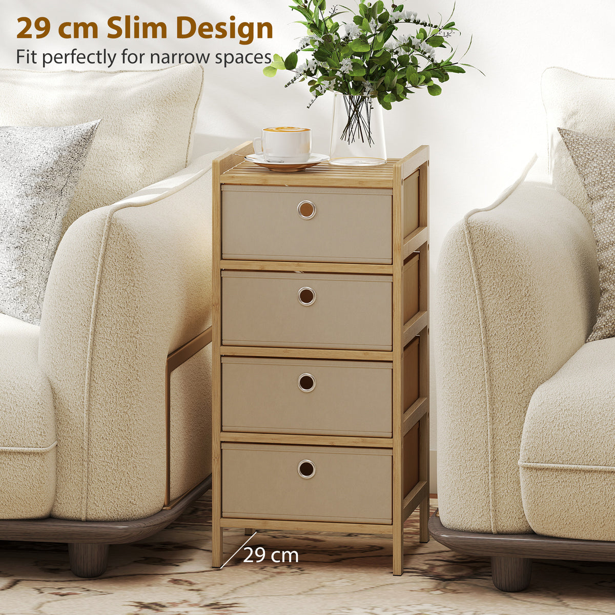 Chest of Drawers, 4 Fabric Drawers Narrow Dresser with Bamboo Frame, Cream White