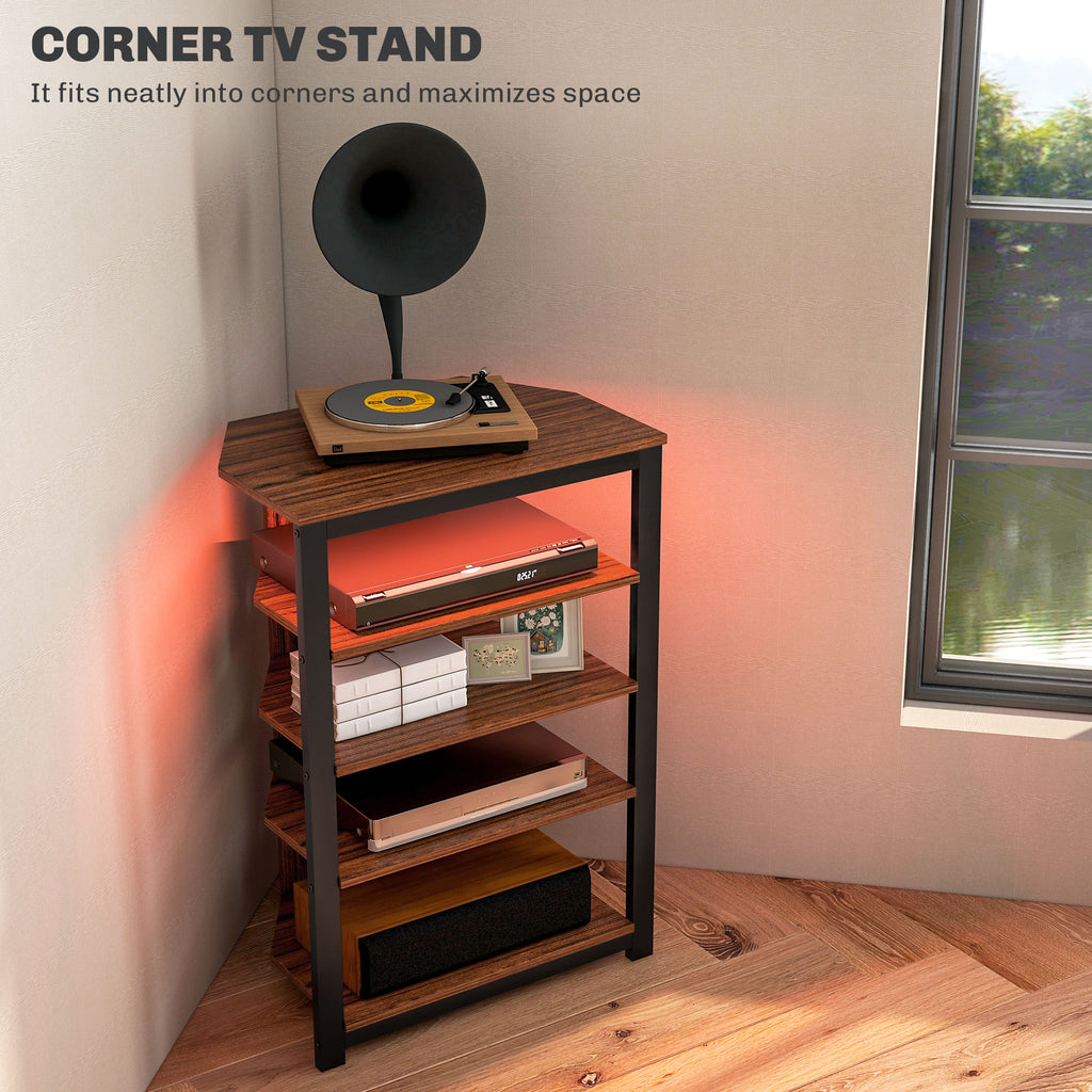 4-Tier Corner TV Stand with Storage, LED Lights, Cable Management, Small Entertainment Centre for TVs up to 29", for Living Room, Bedroom, Brown Wood Effect
