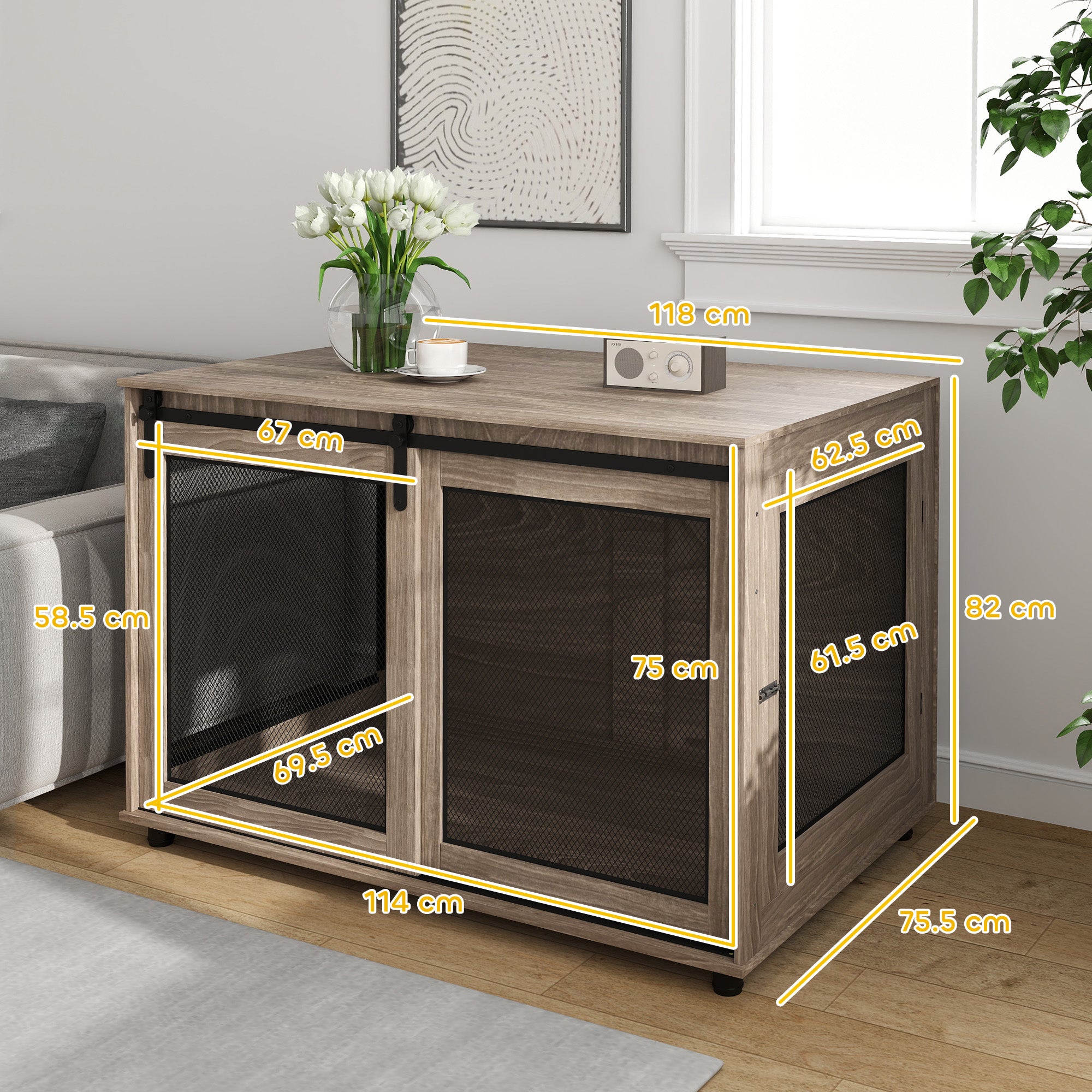 PawHut Dog Crate Furniture with Sliding Door for XL Dogs, Brown