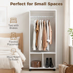 Open Wardrobe on Wheels, Bedroom Wardrobe with Clothes Hanging Rail, 2 Storage Shelves, Mobile Garment Rack for Cloakroom, Hallway, White