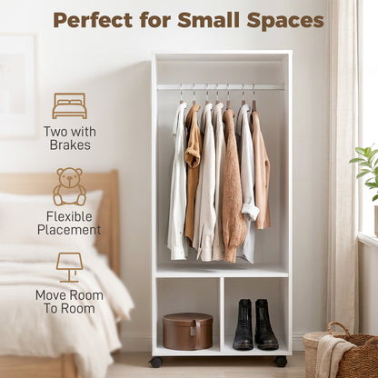 Open Wardrobe on Wheels, Bedroom Wardrobe with Clothes Hanging Rail, 2 Storage Shelves, Mobile Garment Rack for Cloakroom, Hallway, White
