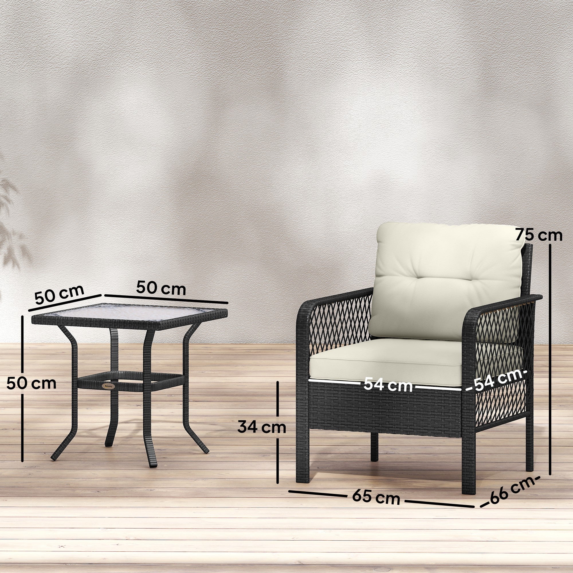 Outsunny 3 Pieces Rattan Bistro Set with Glass Top Coffee Table, Chairs and Cushions for Outdoor, Patio, Balcony, Cream