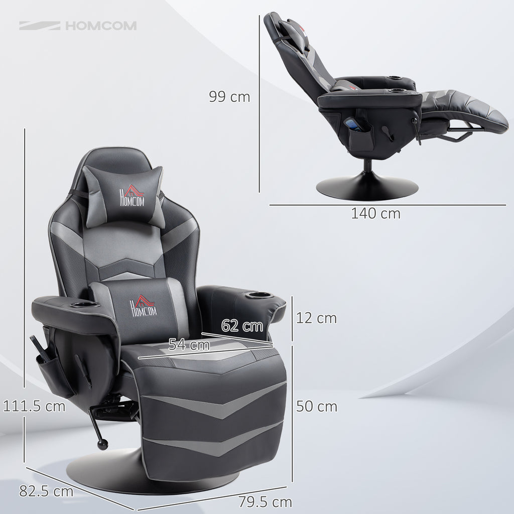 HOMCOM Small Leather Massage Recliner Chair with Ergonomic High Back Retractable Footrest Headrest Work Break Grey