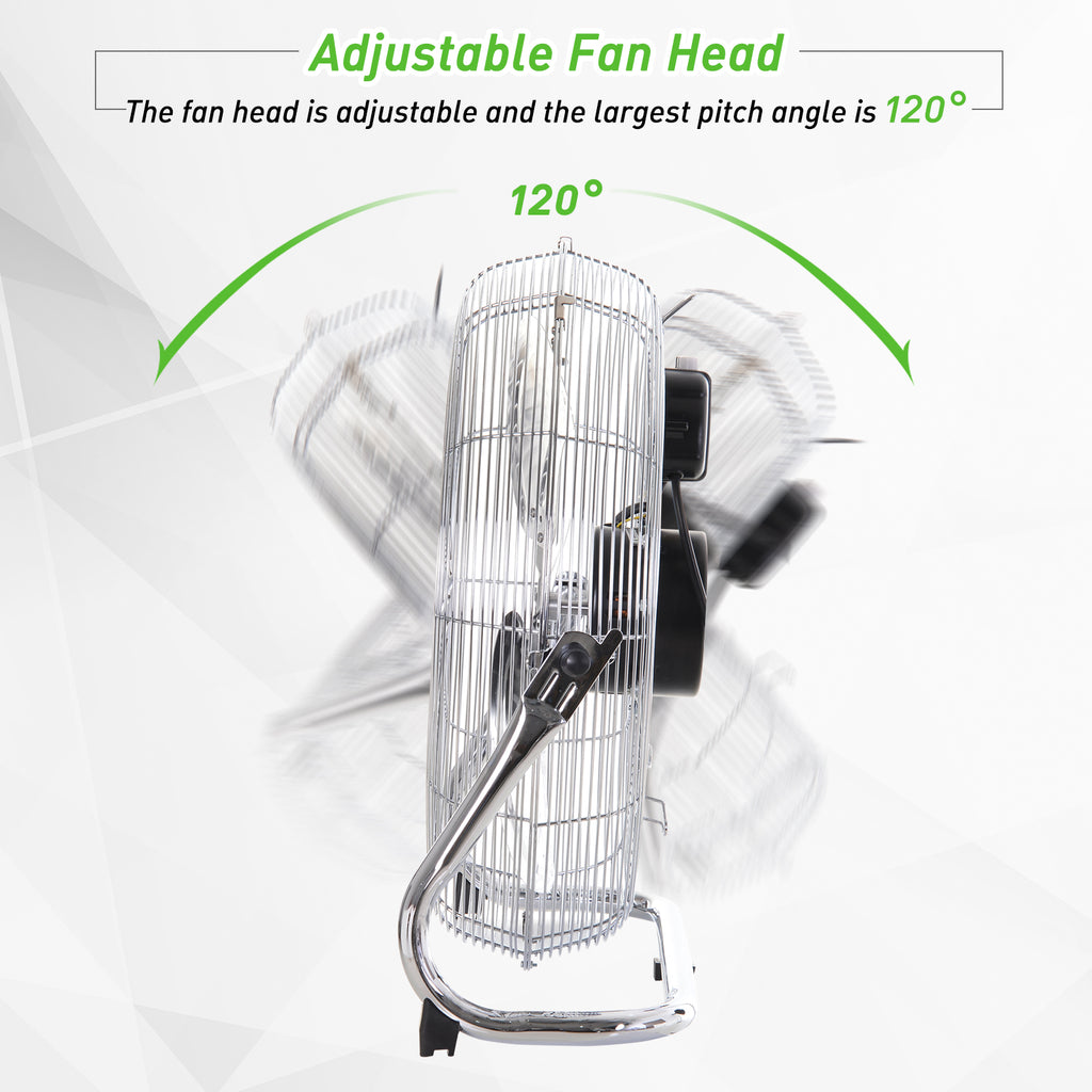 18" Chrome Metal Floor Fan with Tilting, High Velocity, 3 Speed, Portable Gym Fan for Home Office, Silver