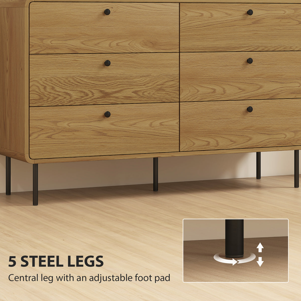 Chest of Drawers, 6 Drawer Dresser - Oak