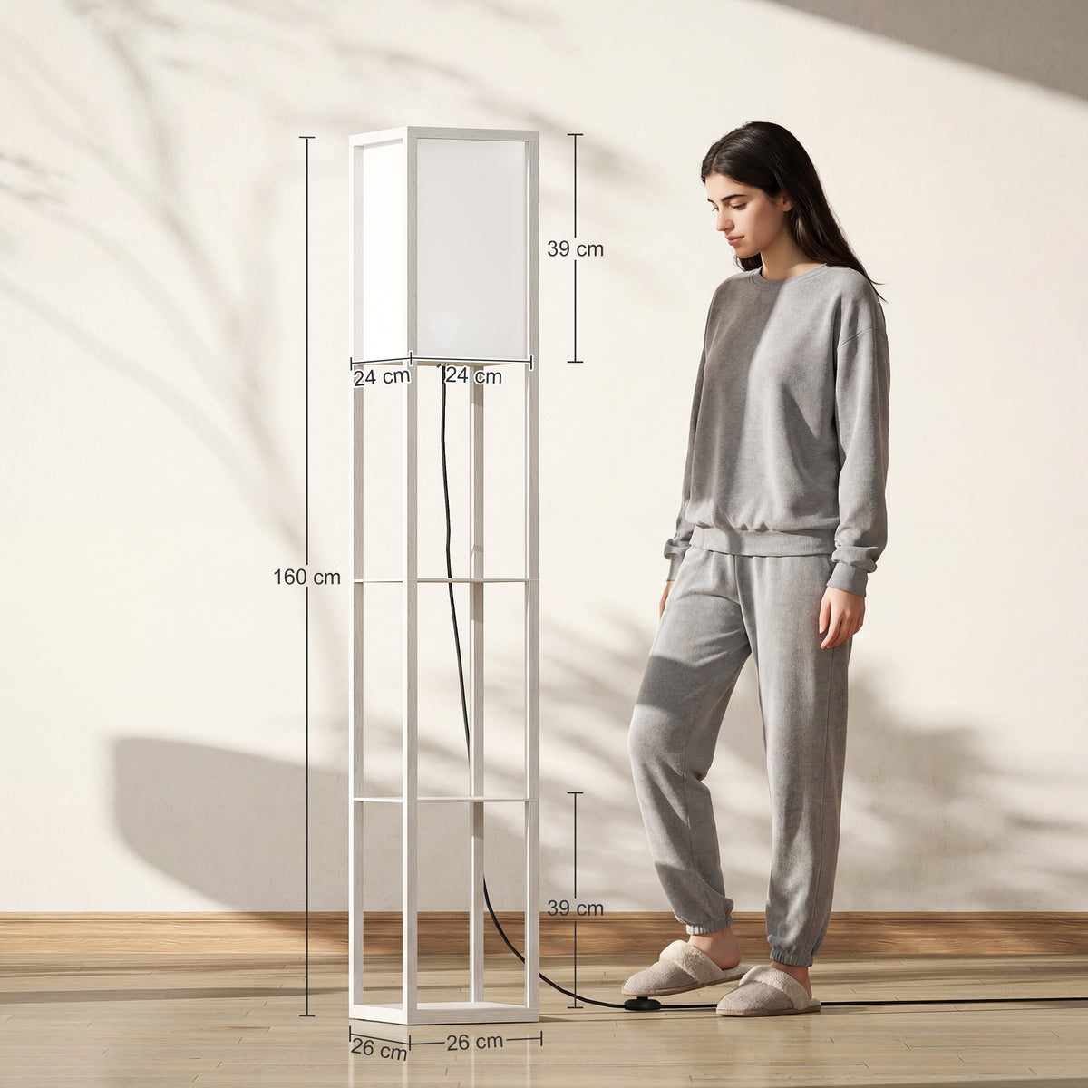 3-Tier Floor Lamp with Shelves and Storage, Modern Corner Standing Lamp with Lampshade, Reading Light with Foot Switch for Living Room, Bedroom, Home Office, Bulb not Included, White