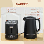Kettle and Toaster Set, 1.7L 3000W Fast Boil Kettle & 2 Slice Toaster Kitchen Set with 6 Level Browning Controls, Defrost, Reheat, Black