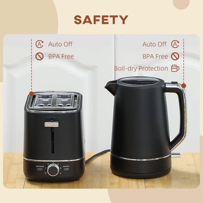 Kettle and Toaster Set, 1.7L 3000W Fast Boil Kettle & 2 Slice Toaster Kitchen Set with 6 Level Browning Controls, Defrost, Reheat, Black