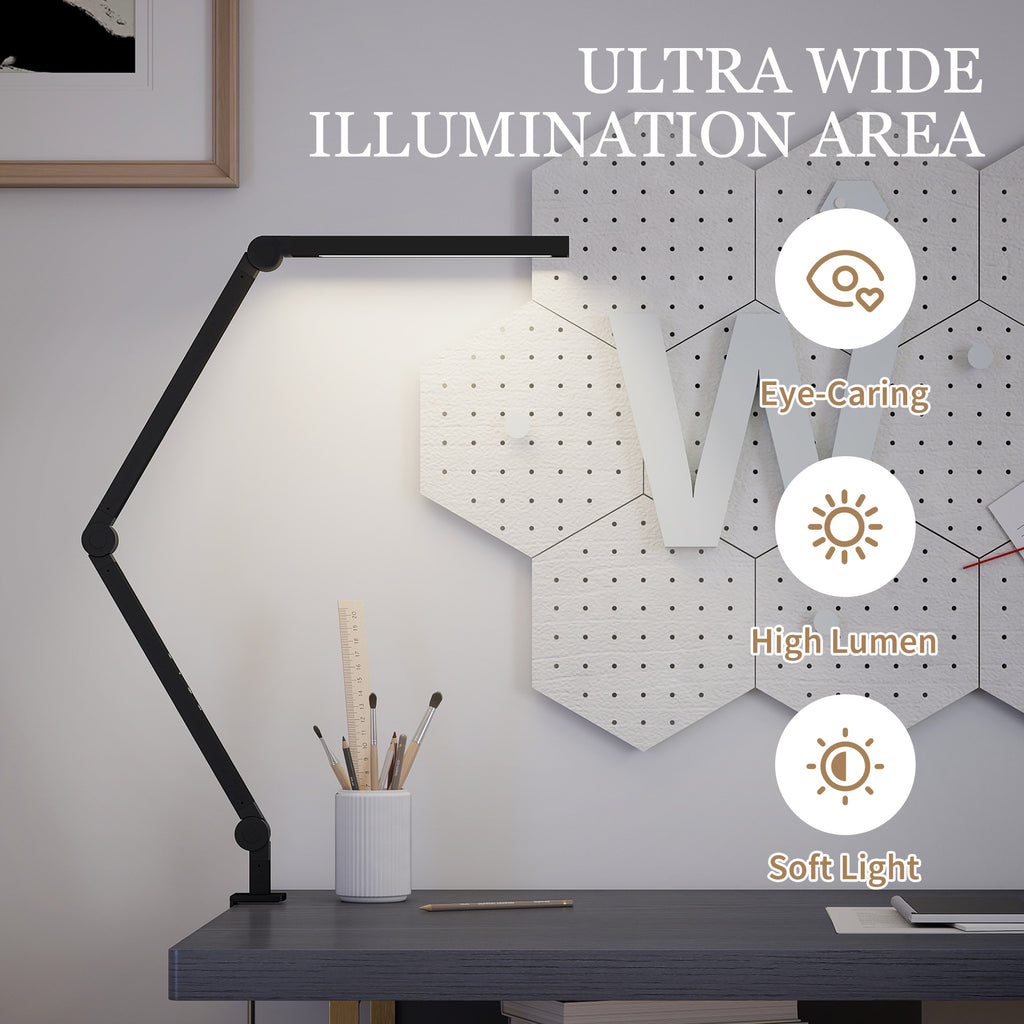 LED Desk Lamp, Dimmable Desk Light with Swing Arm and Clamp, Adjustable Eye-Caring Table Lamp with 2 Colour Modes & 5 Brightness Levels for Study, Drawing, Office, Architect, Task, Black