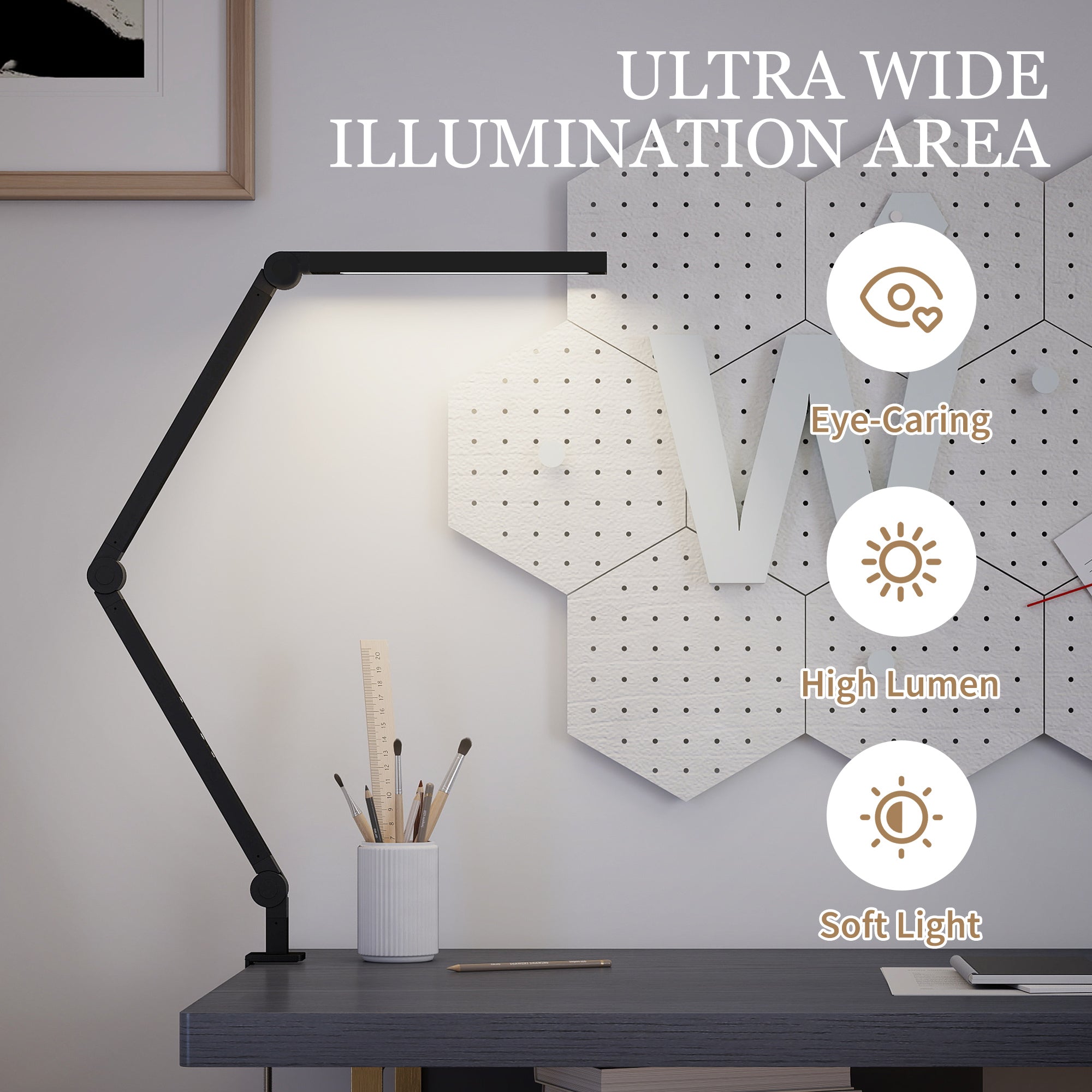LED Desk Lamp, Dimmable Desk Light with Swing Arm and Clamp, Adjustable Eye-Caring Table Lamp with 2 Colour Modes & 5 Brightness Levels for Study, Drawing, Office, Architect, Task, Black