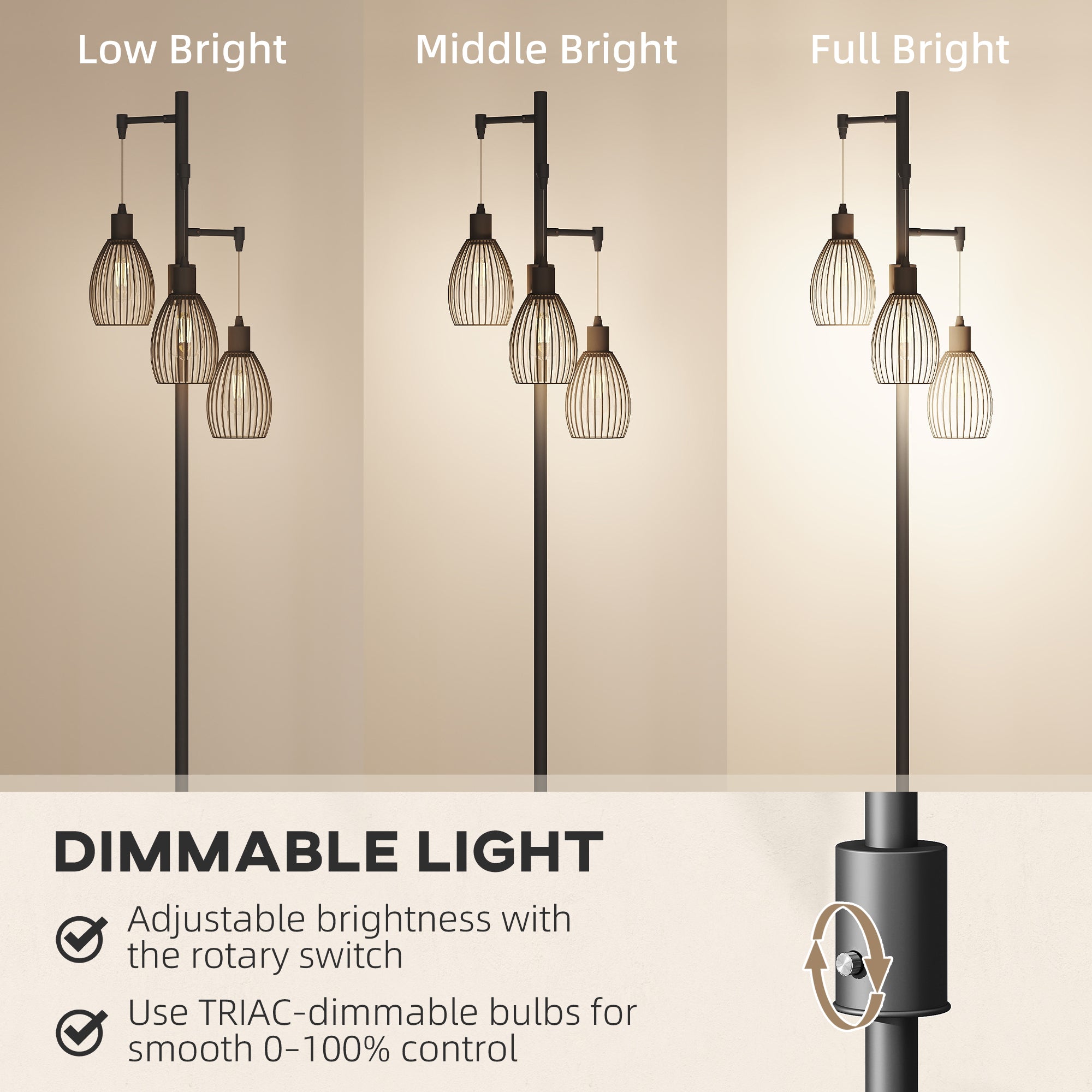 3-Light LED Floor Lamp, 170cm Industrial Dimmable Standing Lamp with Steel Wire Cage Lampshades, 2700K for Living Room, Bedroom, Dining Room, Study, Black