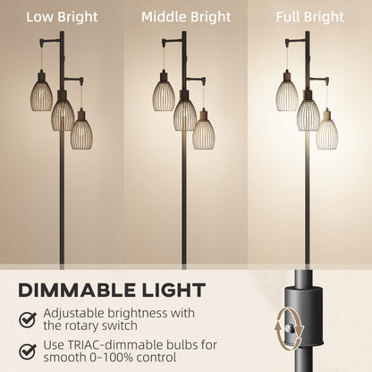 3-Light LED Floor Lamp, 170cm Industrial Dimmable Standing Lamp with Steel Wire Cage Lampshades, 2700K for Living Room, Bedroom, Dining Room, Study, Black