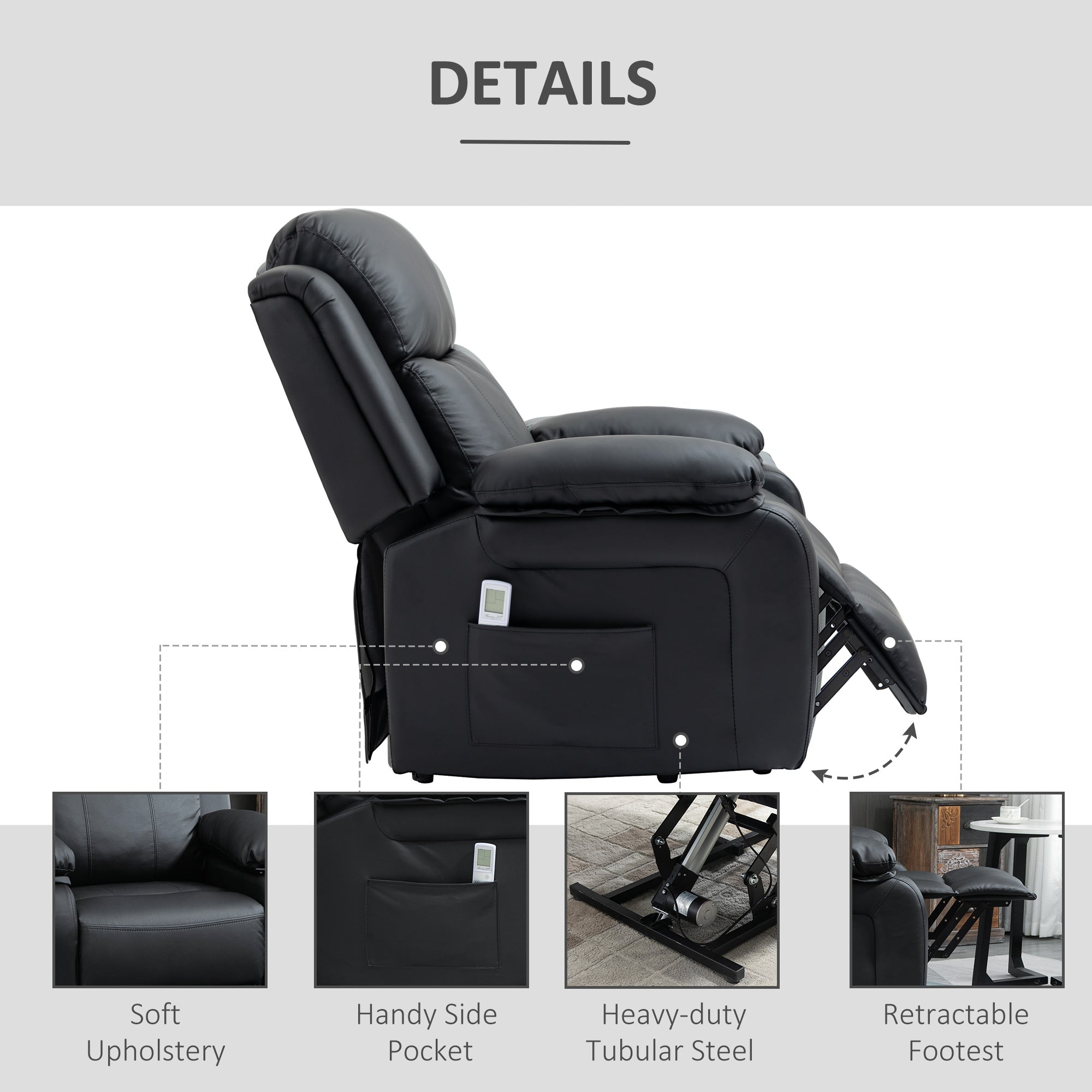 HOMCOM Riser and Recliner Chair with Vibration Massage, PU Leather Power Lift Chair for Elderly, Black