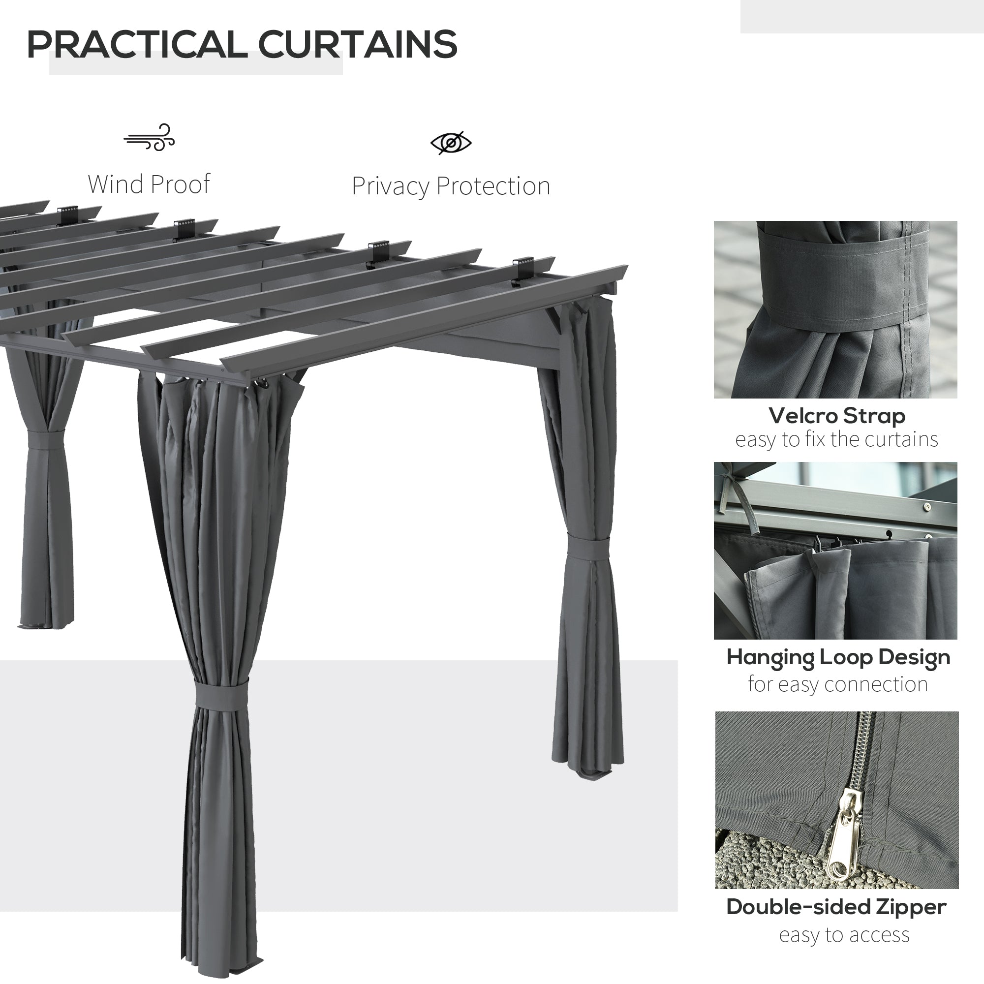 Outsunny 3.6 x 3(m) Outdoor Pergola Gazebo with Retractable Canopy and Curtains Garden Sun Shade, Dark Grey