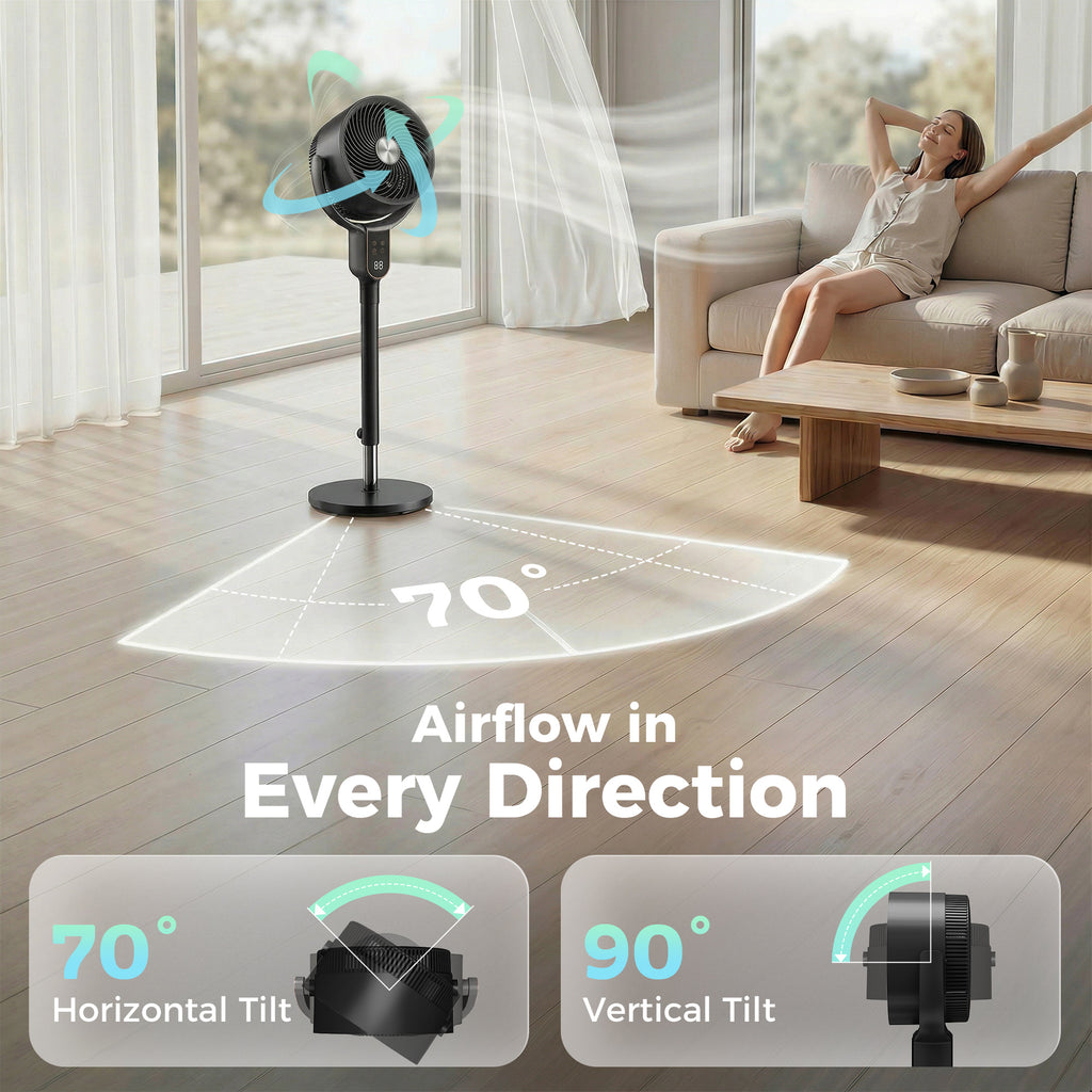 20 dB Silent Standing Fan for Bedroom, 42" Pedestal Fan with Remote, 90° Oscillating, 8 Speeds, Remote Control, Black