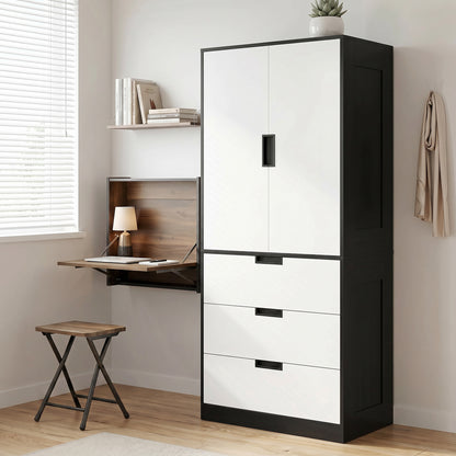 2 Door Wardrobe, Modern Wardrobe with 3 Drawers and Hanging Rod for Bedroom, Black