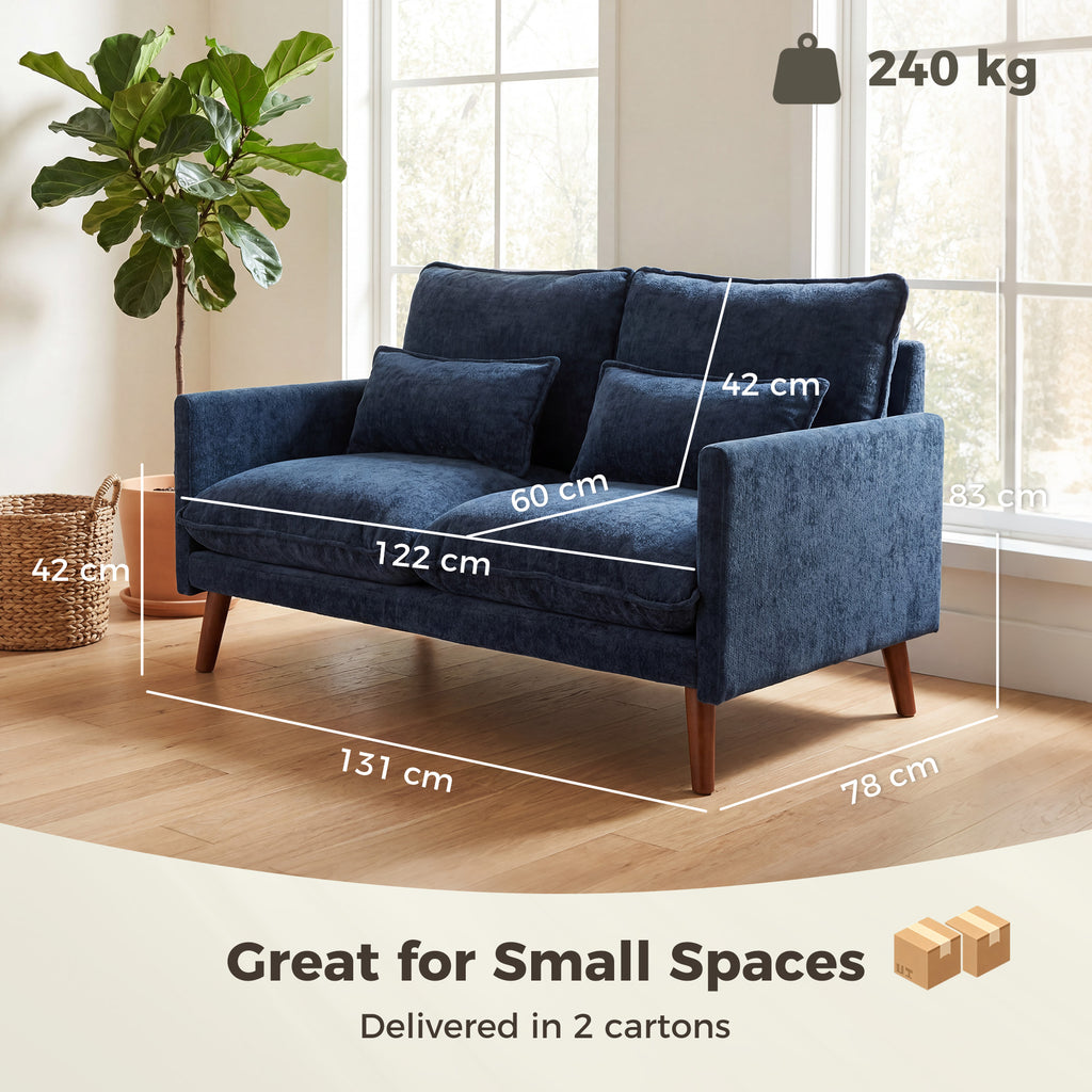HOMCOM 2 Seater Sofa, Loveseat Sofa with Spring Cushions, Wide and Deep Seat, Wood Legs, Blue