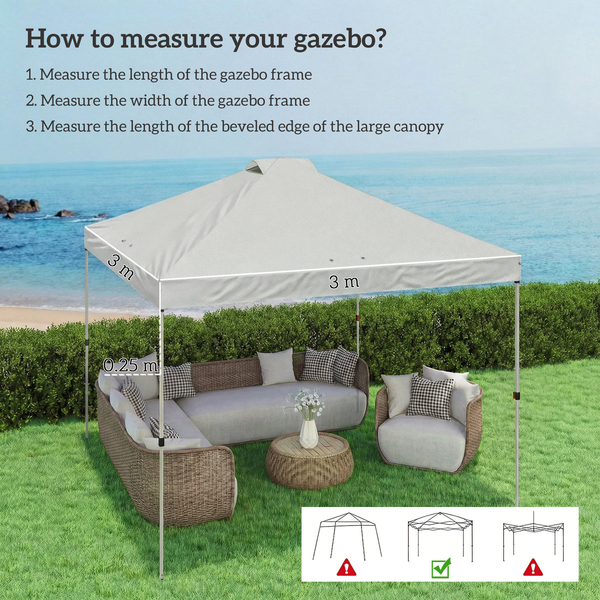 Outsunny Gazebo Roof Replacement UV50+ Waterproof Pop Up Canopy Cover with 8 Drainage Holes 3 x 3 m White