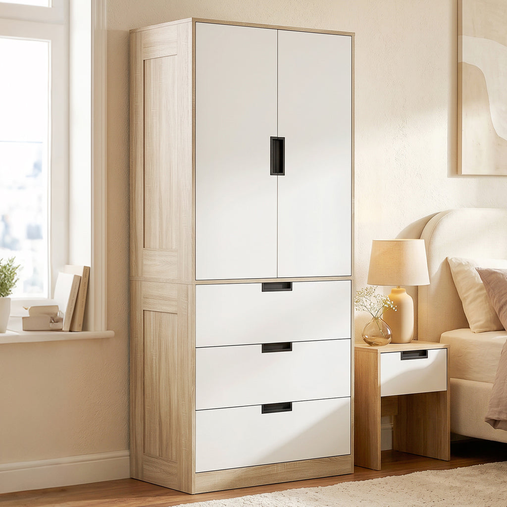 Modern Clothes Storage Cupboard Unit, 3 Drawer 2 Door Wardrobe with Hanging Rod, Oak