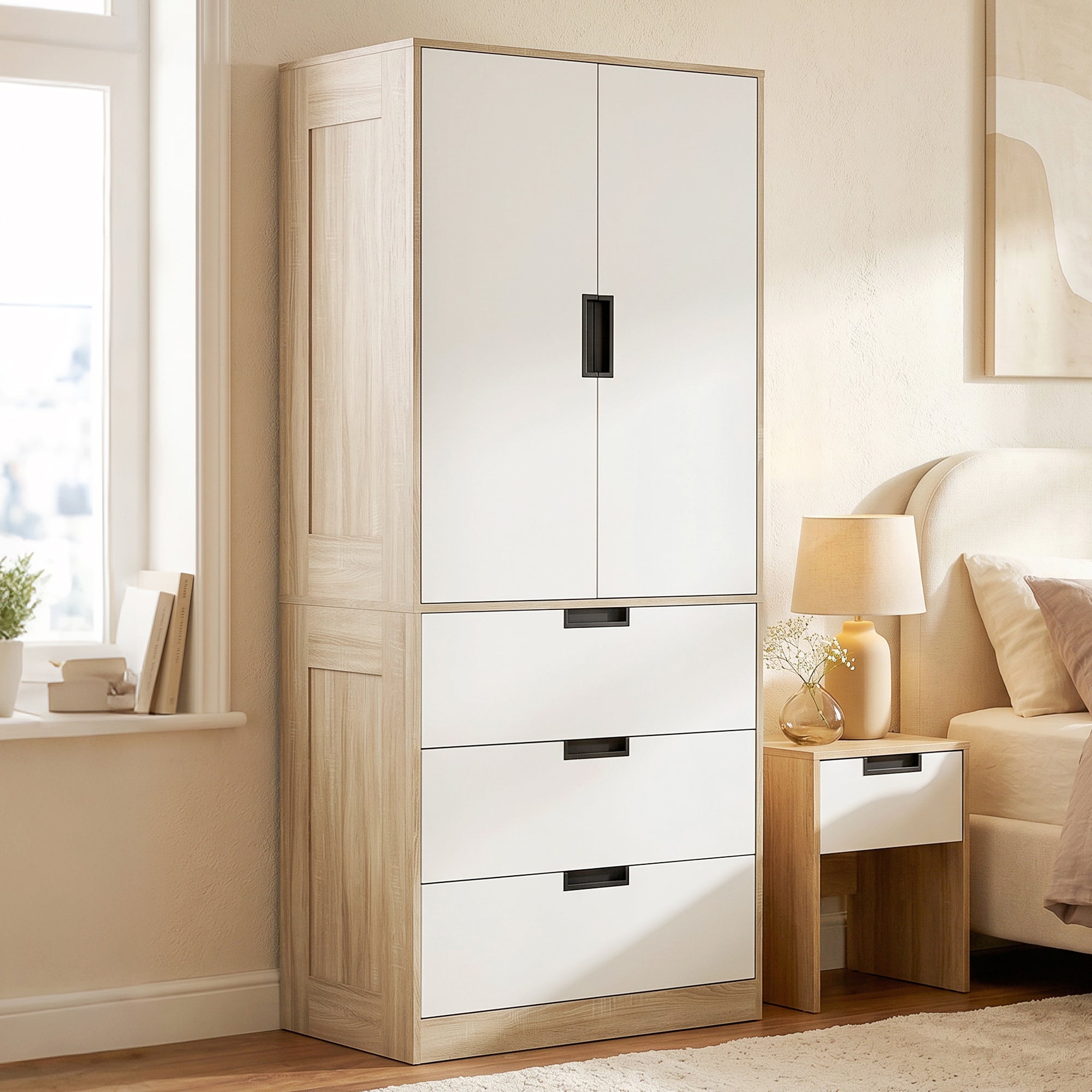 Modern Clothes Storage Cupboard Unit, 3 Drawer 2 Door Wardrobe with Hanging Rod, Oak