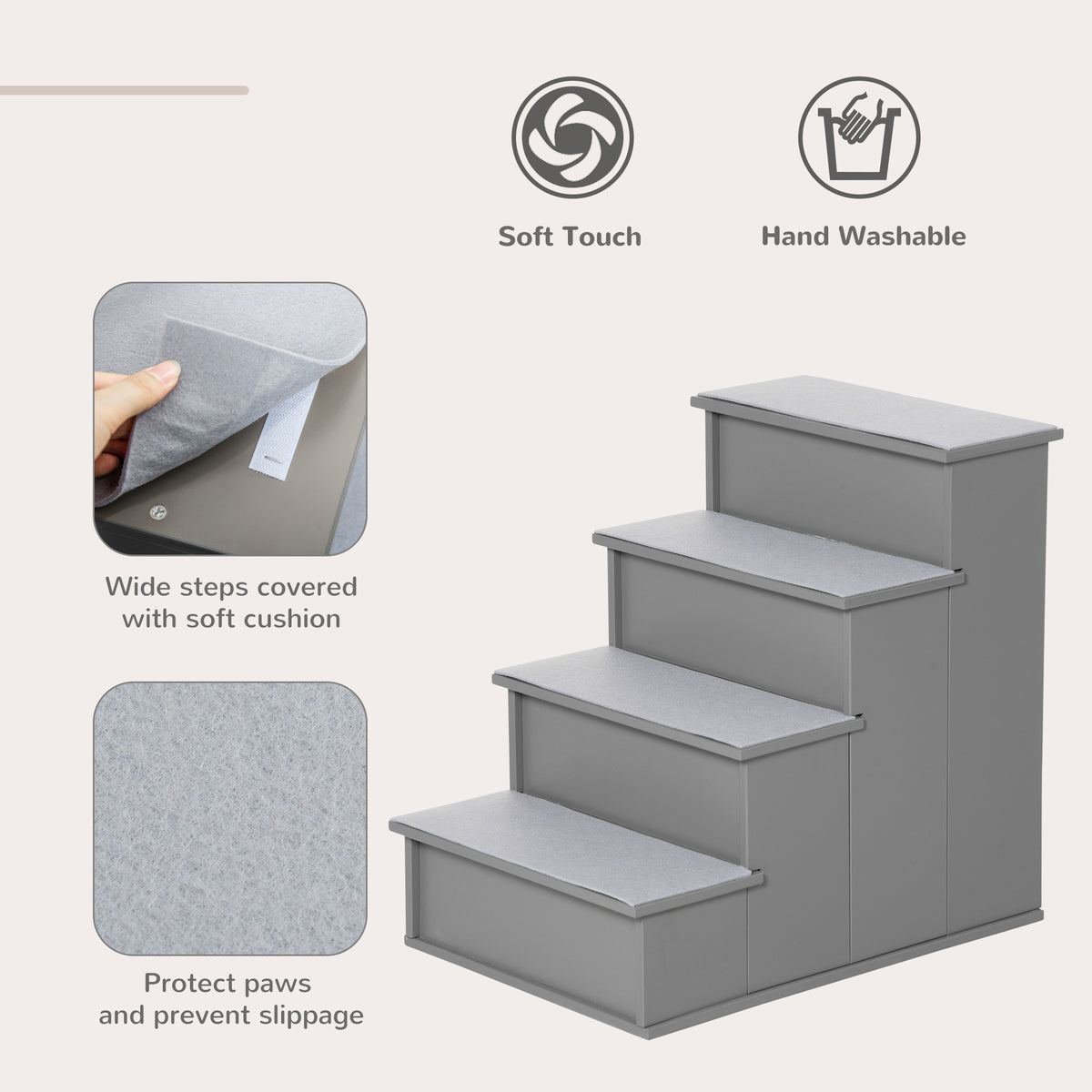 PawHut 4 Step Dog Steps for Bed, Wooden Dog Steps for Sofa, Pet Stairs for Bed Couch with Non-Slip Carpet for Cats and Puppies, 40 x 59 x 54.2 cm, Grey