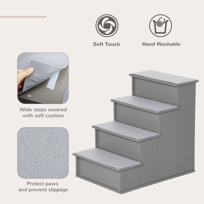 PawHut 4 Step Dog Steps for Bed, Wooden Dog Steps for Sofa, Pet Stairs for Bed Couch with Non-Slip Carpet for Cats and Puppies, 40 x 59 x 54.2 cm, Grey