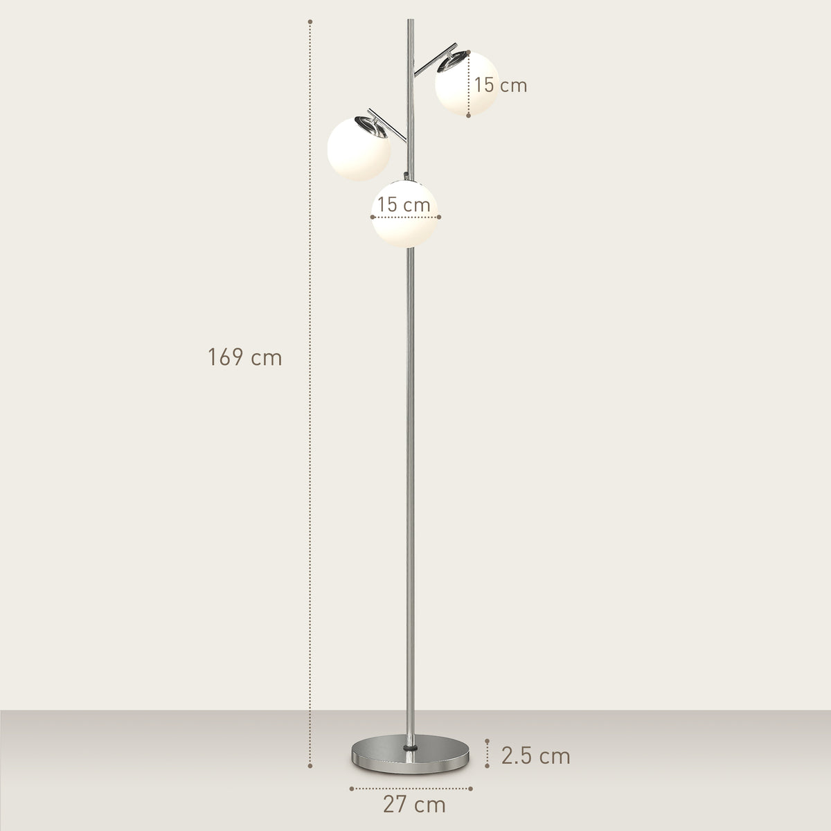 3-Light Tree Floor Lamps for Living Room, Modern Standing Lamp for Bedroom with Globe Lampshade, 3000K/4000K/6000K Colour Temperatures, Steel Base, Silver Tone