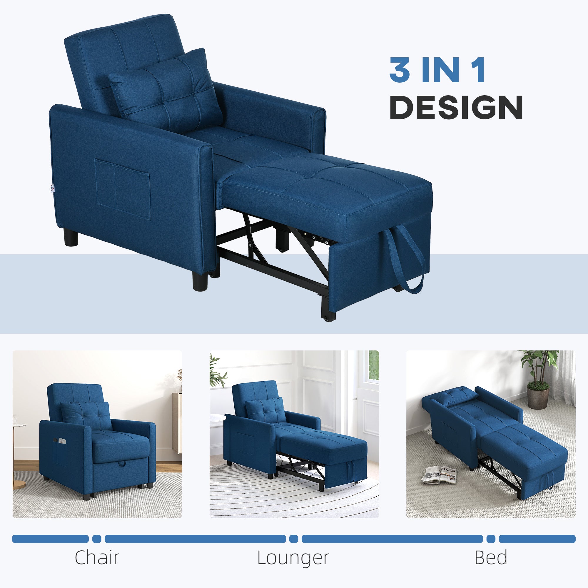 HOMCOM Linen-Look Single Chair Bed with Thick Padding - Blue