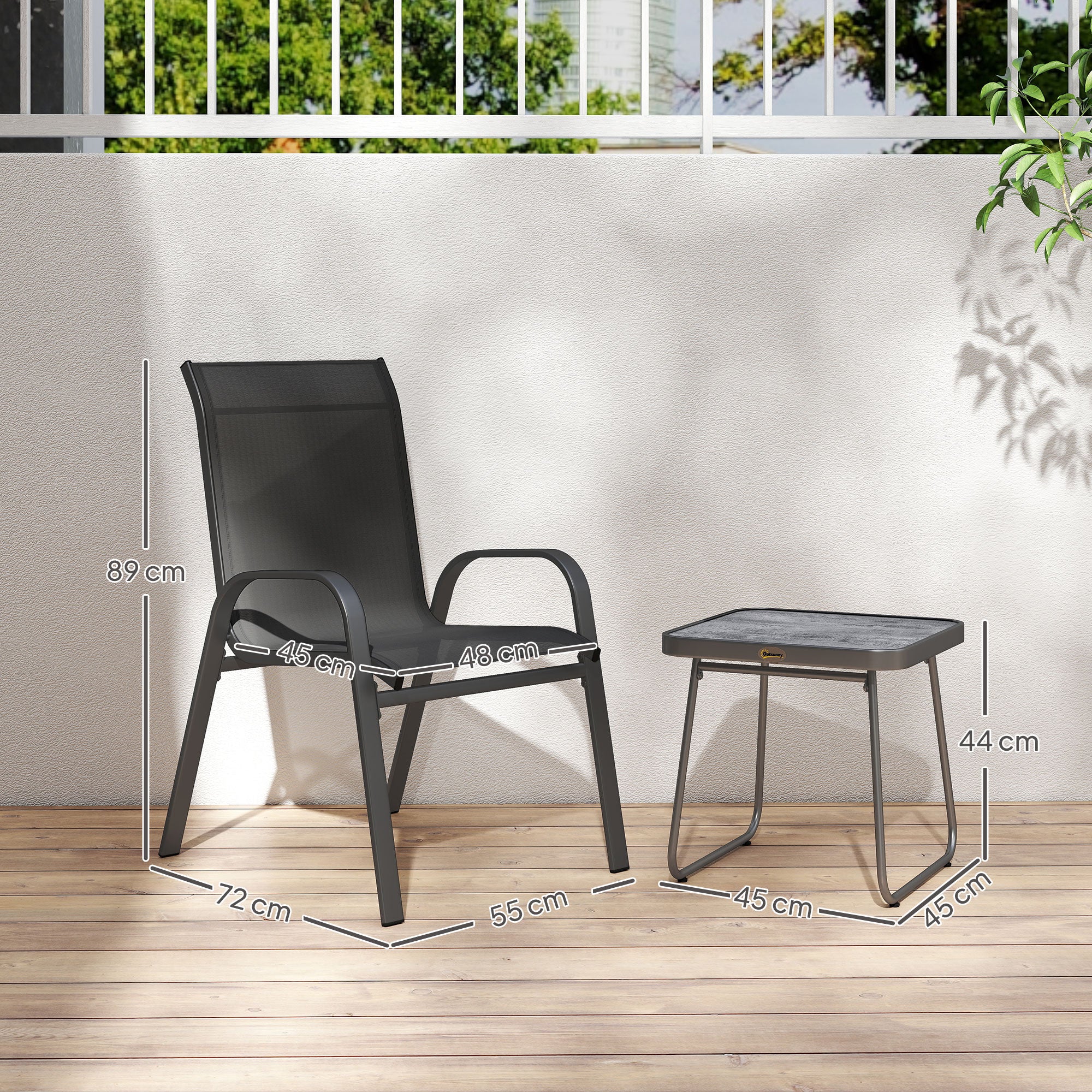 Outsunny 3 Pieces Outdoor Bistro Set, Patio Stackable Armchairs with Breathable Mesh Fabric and SPC Board Coffee Table, Black