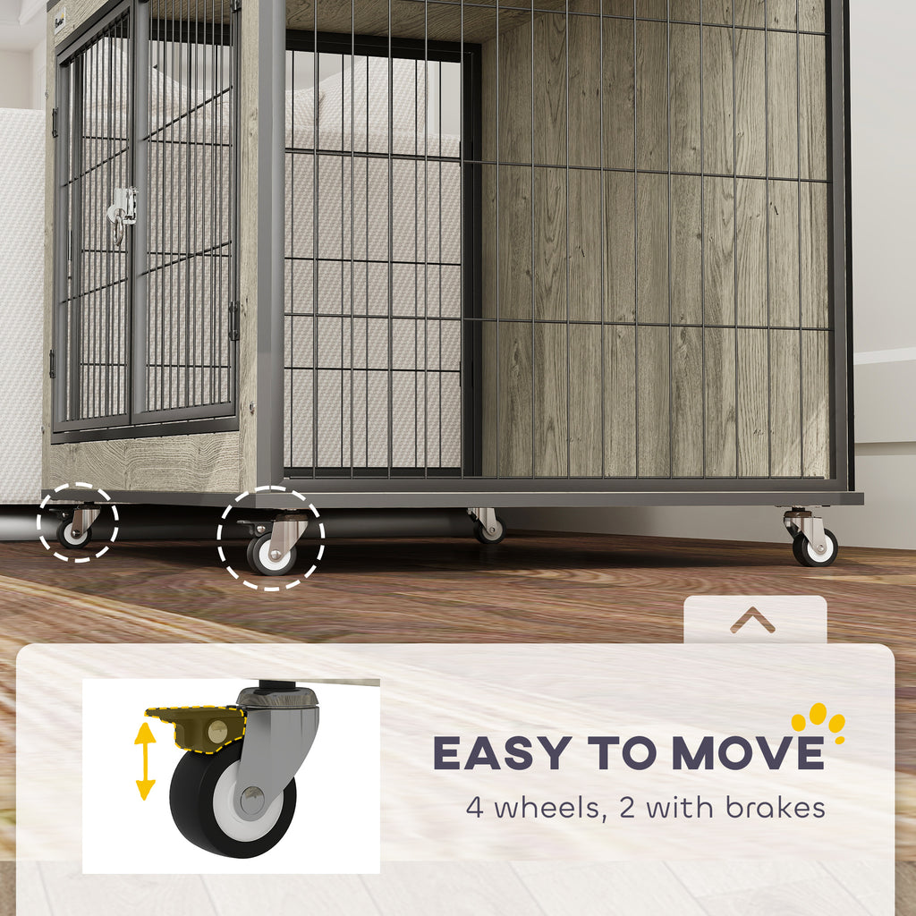 PawHut Dog Crate Furniture with Wheels, Double Doors, for Medium Dogs, Grey