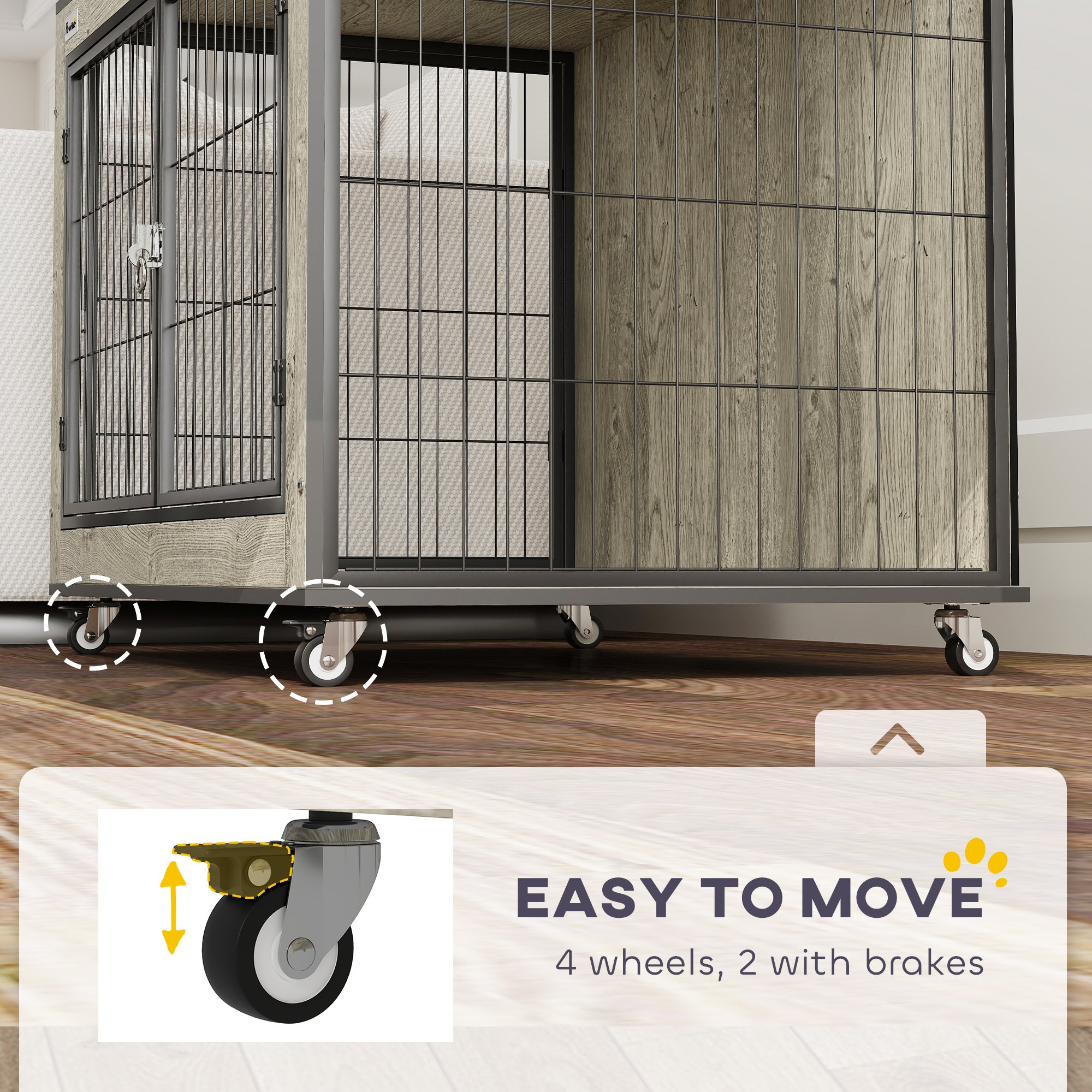 PawHut Dog Crate Furniture with Wheels, Double Doors, for Medium Dogs, Grey
