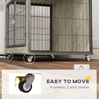 PawHut Dog Crate Furniture with Wheels, Double Doors, for Medium Dogs, Grey