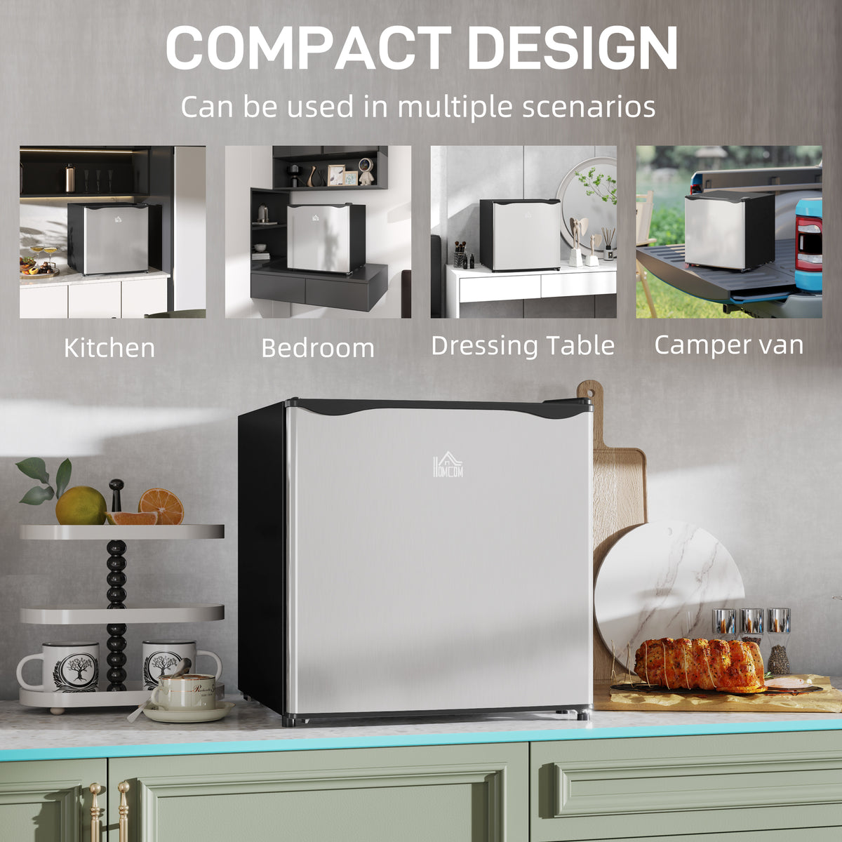 46 Litre Table Top Mini Fridge, Small Fridge with Ice Box, Reversible Door, Adjustable Temperature and Legs for Bedrooms, Home Office, Silver Tone