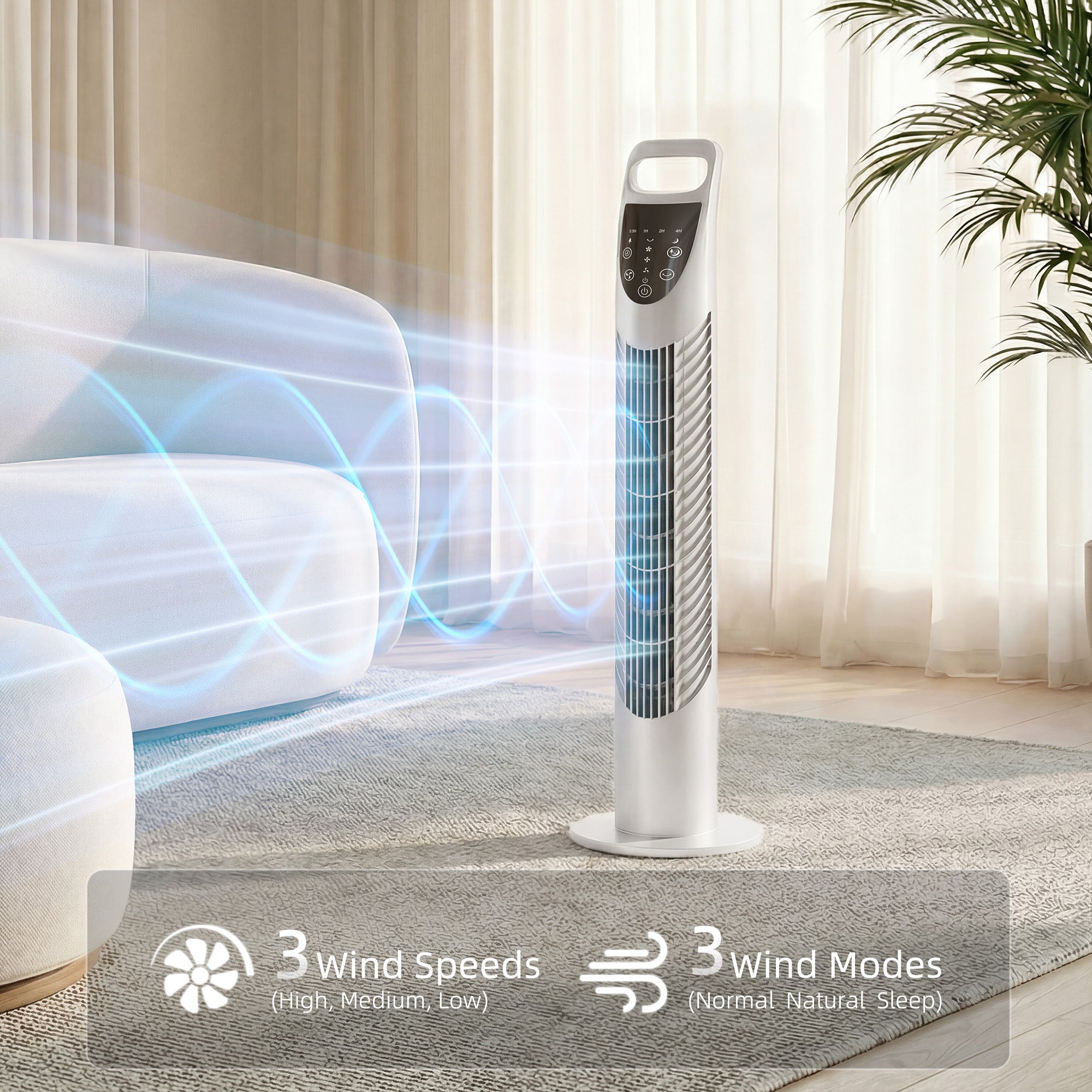 Tower Fan Oscillating 3 Speeds 3 Winds 40W w/ RC Timer Quiet - White