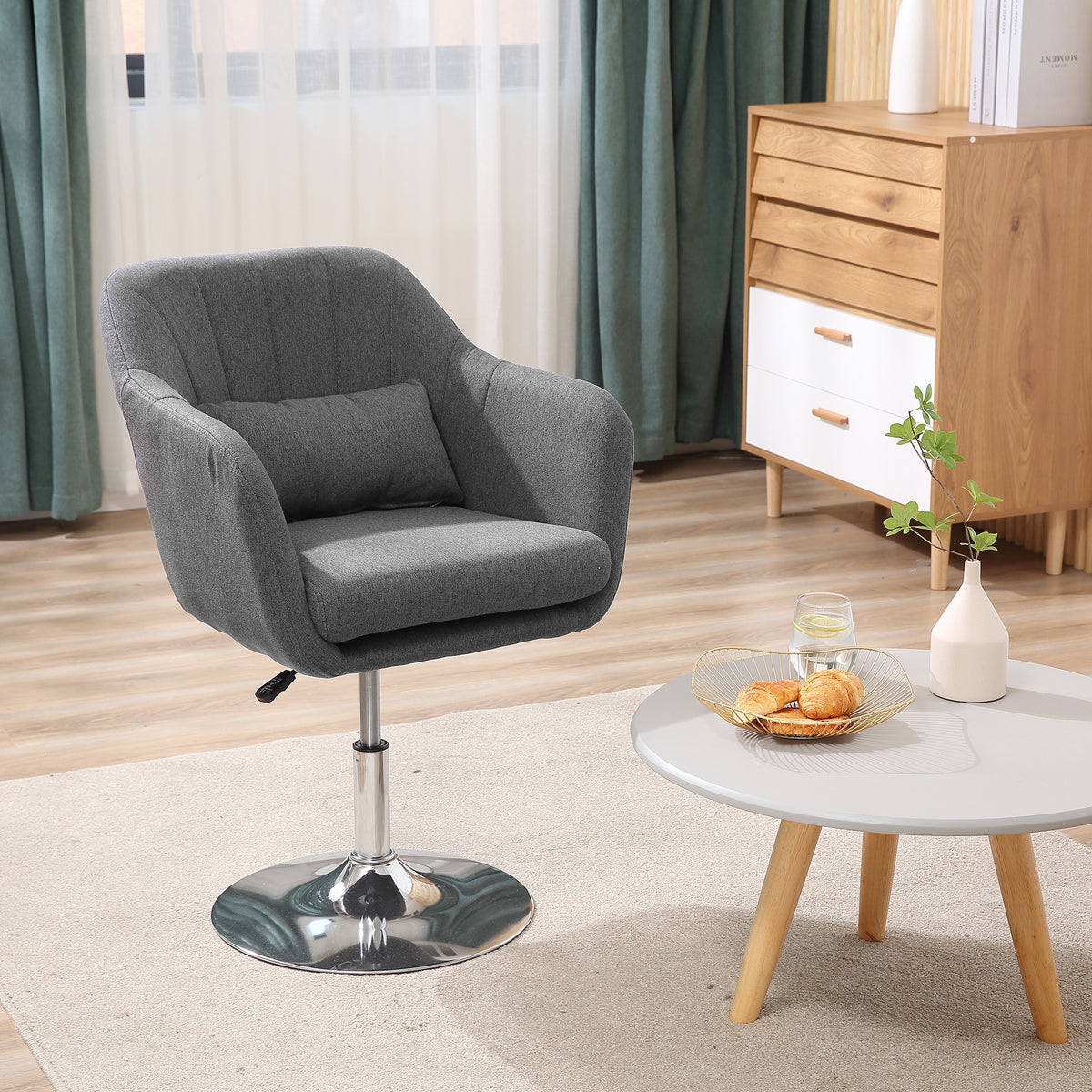 Swivel Accent Chair, Linen Fabric Tub Vanity Chair, Modern Armchair with Adjustable Height and Lumbar Support for Living Room Bedroom Salon Make up Room Dressing Table, Dark Grey