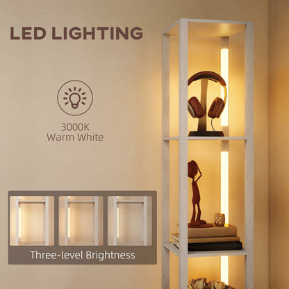 Floor Lamp with Shelves, LED Column Modern Standing Lamp with Fabric Drawer, Adjustable Brightness, Foot Switch for Living Room, Bedroom, Office, White