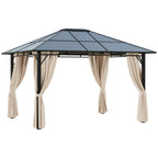 Outsunny 3 x 3.6m Hardtop Gazebo Canopy with Polycarbonate Roof Garden Pavilion with Removable Curtains and Steel Frame, Brown