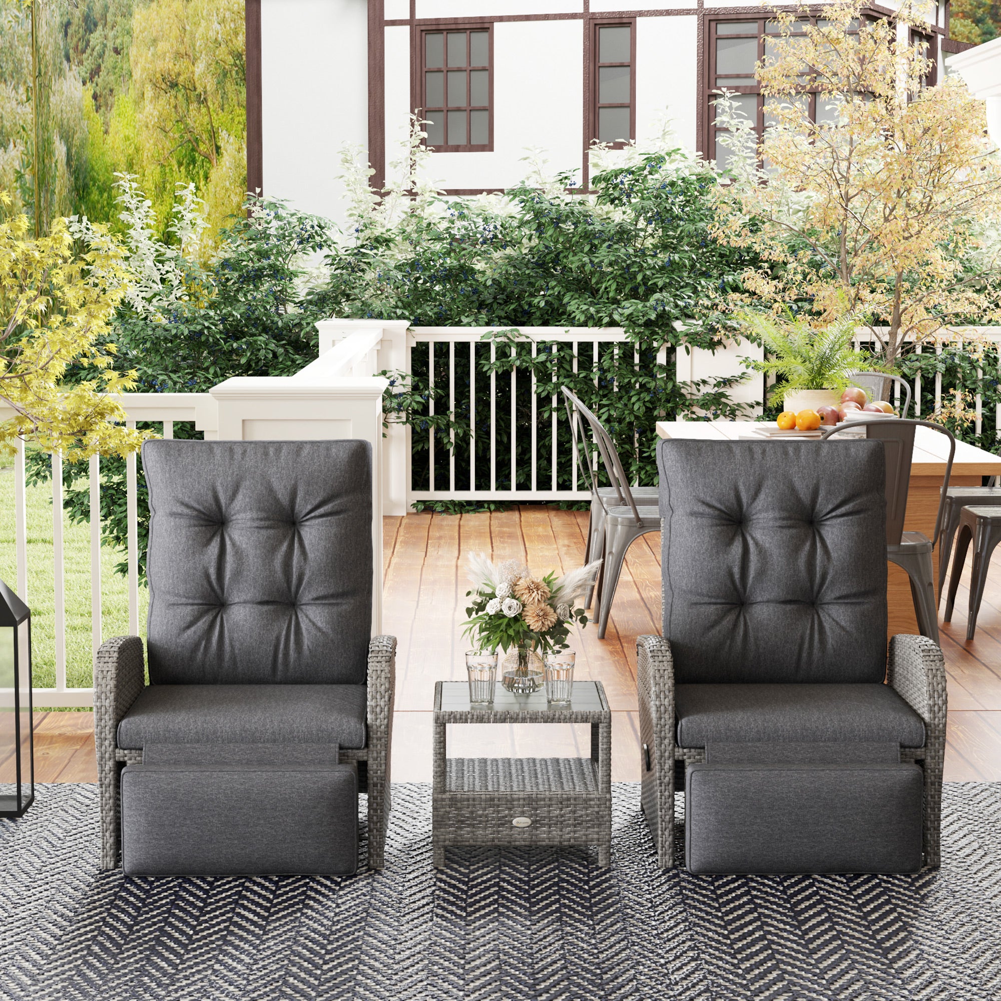 Outsunny 2 Seater Patio Rattan Wicker No Installation Chaise Lounge Sofa Set w/ Cushion for Patio Garden Porch, Grey