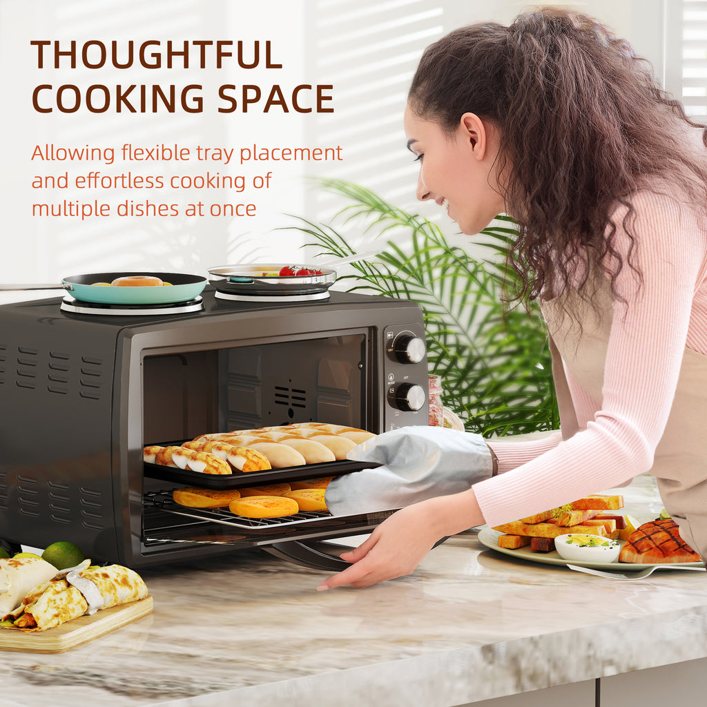 36L Small Oven with 2 Hot Plates, Countertop Toaster Oven, Grill, Roast, Bake, Boil, with Timer, Adjustable Temperature, Electric Oven with Baking Tray, Grill Rack, Crumb Tray, 2600W, Black