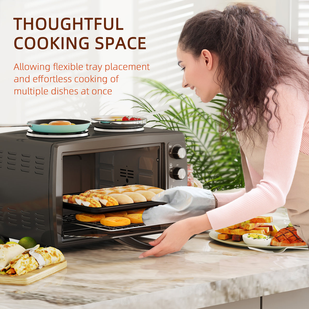 36L Small Oven with 2 Hot Plates, Countertop Toaster Oven, Grill, Roast, Bake, Boil, with Timer, Adjustable Temperature, Electric Oven with Baking Tray, Grill Rack, Crumb Tray, 2600W, Black