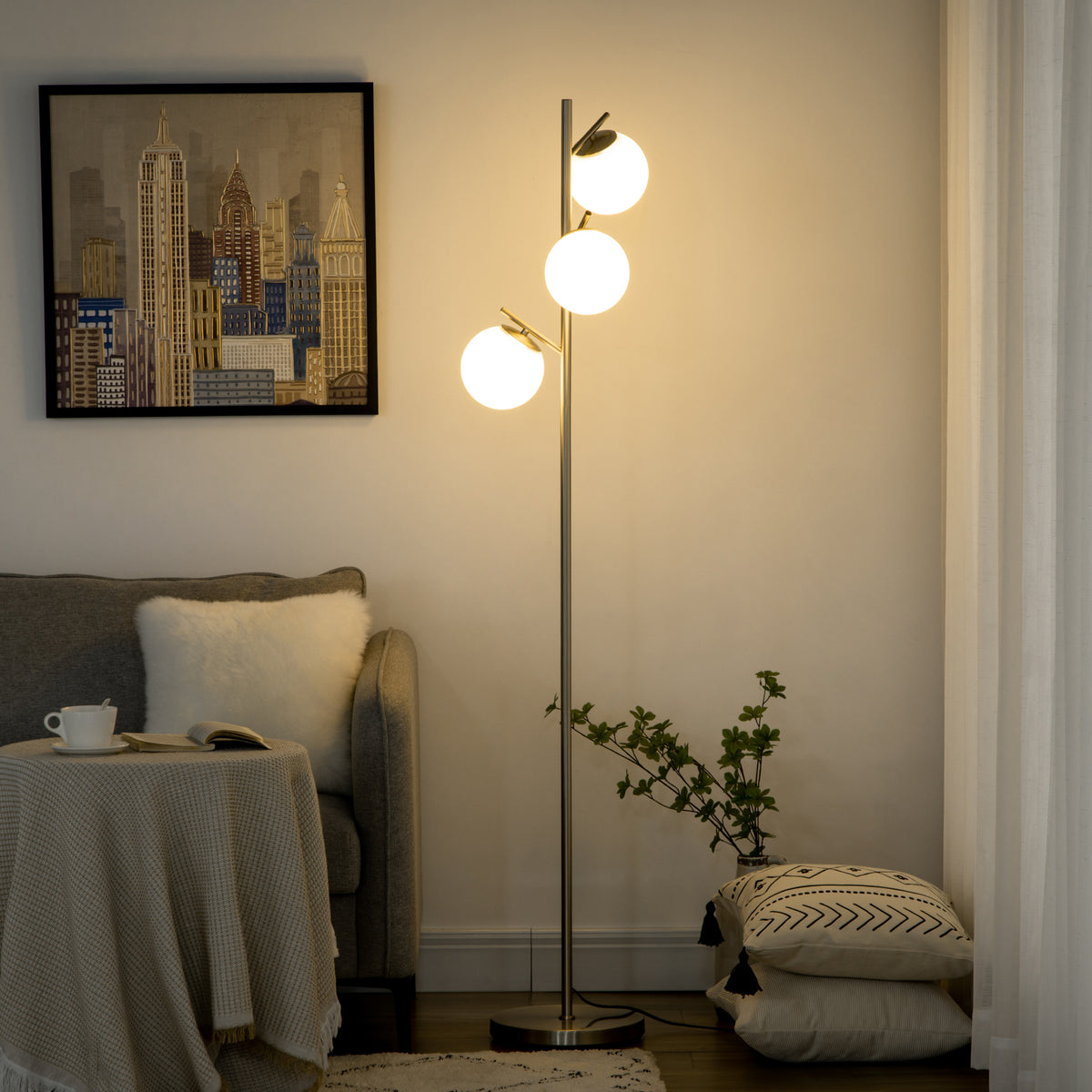 3-Light Tree Floor Lamps for Living Room, Modern Standing Lamp for Bedroom with Globe Lampshade, Steel Base, Bulb not Included, Silver Tone